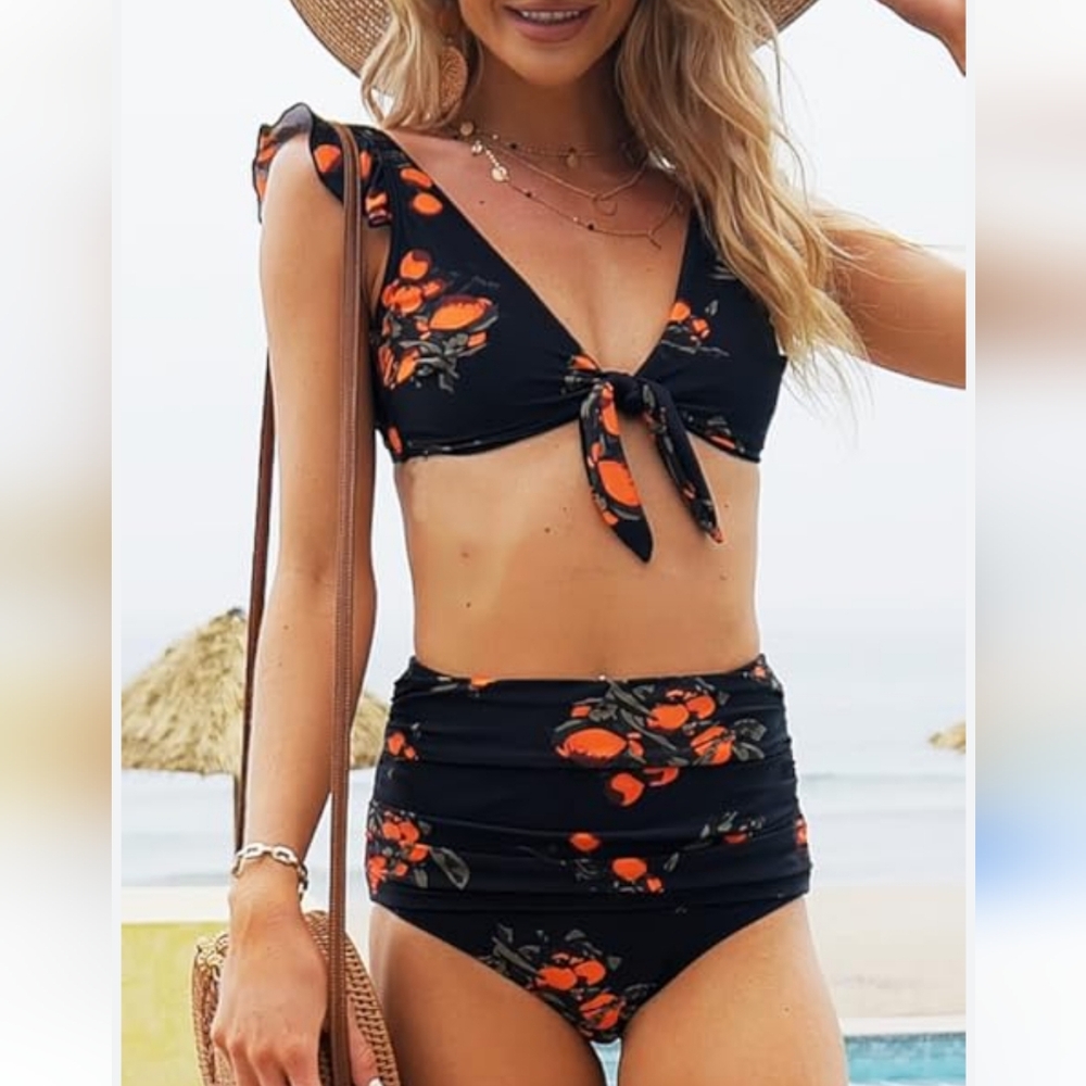 Cocoship Floral Black & Orange Crop Bikini Set Women's Size 14 /16